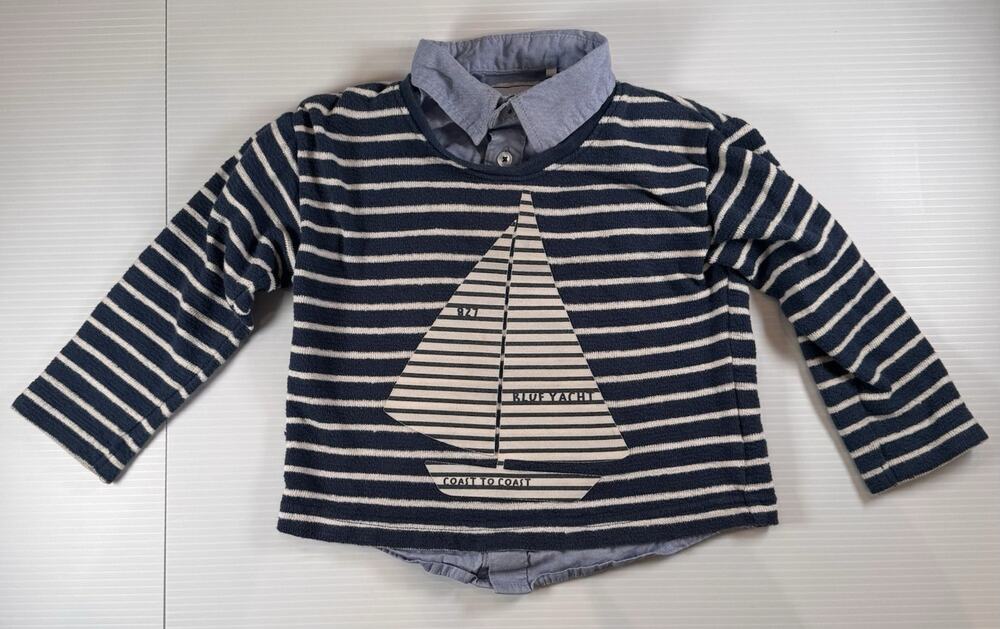 Primigi Boys 12M Blue Striped Sailboat Layered Look Chambray Shirt Yacht Club